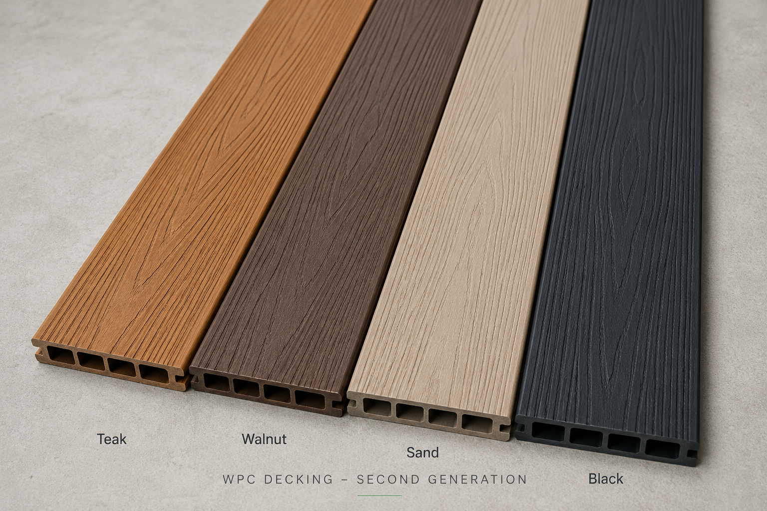 Gamma colori decking WPC 2ª generazione: Teak, Walnut, Sand, Black