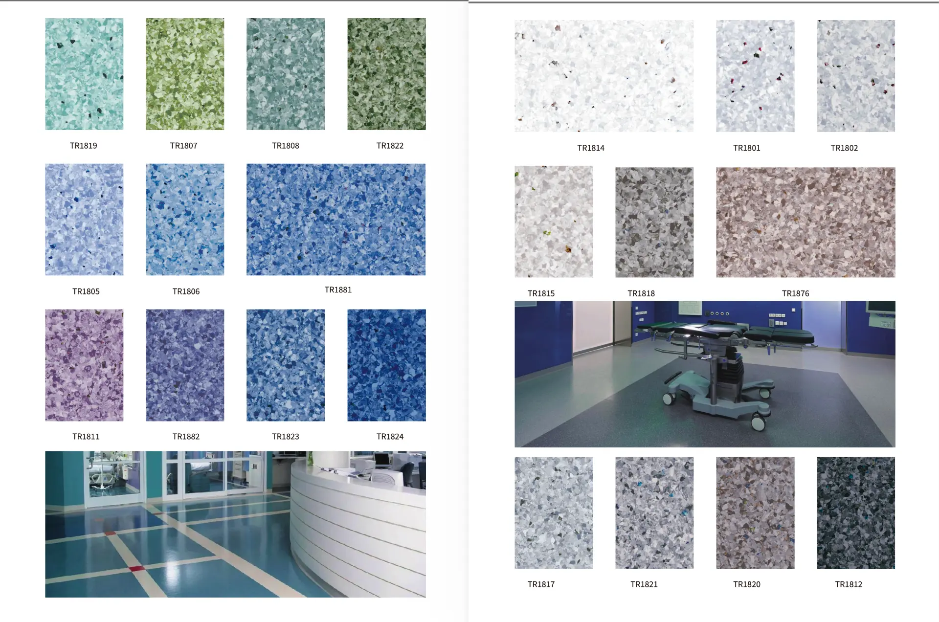Tavola colori vinile per ambienti sanitari: bianchi, azzurri, blu e verdi con ambientazioni ospedaliere