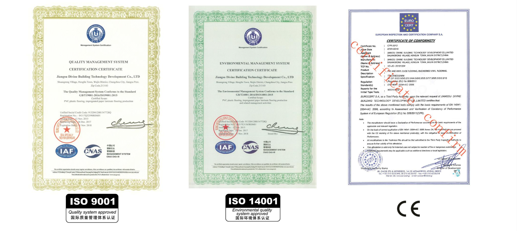 Certificazioni ISO 9001, ISO 14001 e marchio CE delle fabbriche partner STRATO